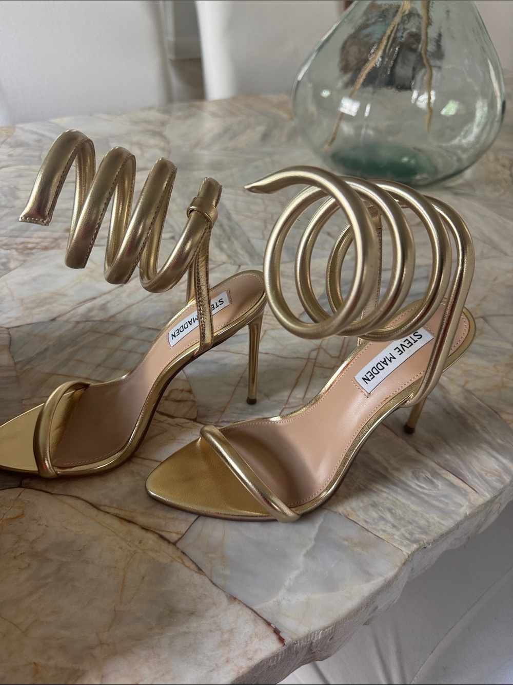 Steve Madden Metallic Gold Spiral Wrap Stiletto Sandals